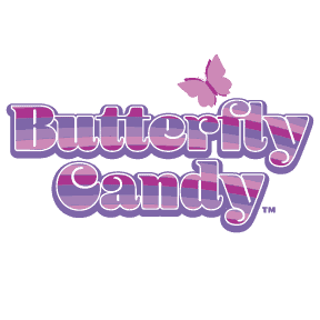 Butterfly Candy logo in pink and purple stripes with a butterfly icon