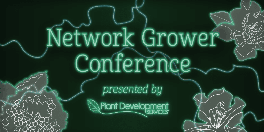 green background with gray flower outlines that look like neon with words Network Grower Conference